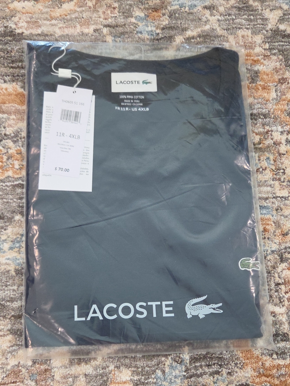 Lacoste Men’s Navy Blue Cotton Crewneck Tee with Green Crocodile Logo 4XLB
